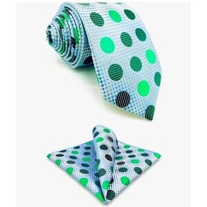 Mens Green‎ Silver Blue Polka Dot Tie & Pocket Square Combo  With Cuff links